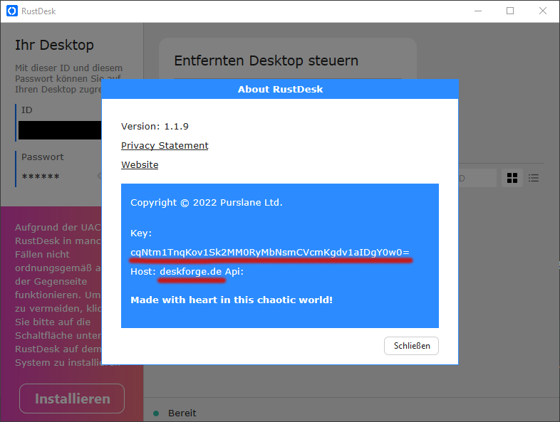 RustDesk About - Key und Host von deskforge.de Server bereits voreingetragen (Windows)